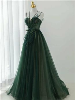 Picture of Dark Green Long Beaded A-line Evening Dresses Party Dresses, Green Prom Dresses